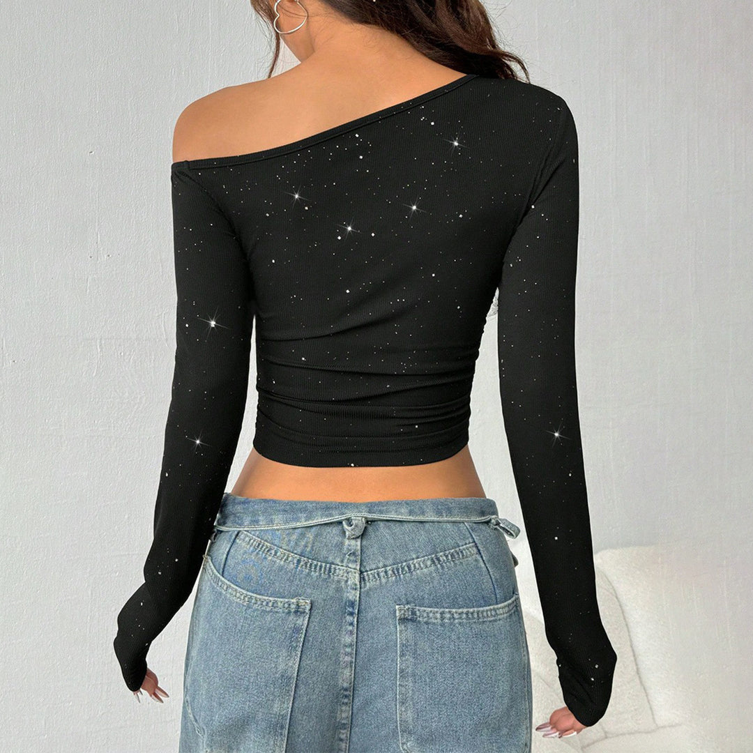 Damen Ein-Schulter Cropped-Top mit Rippstruktur und Glitzerbesatz Echo Archiv