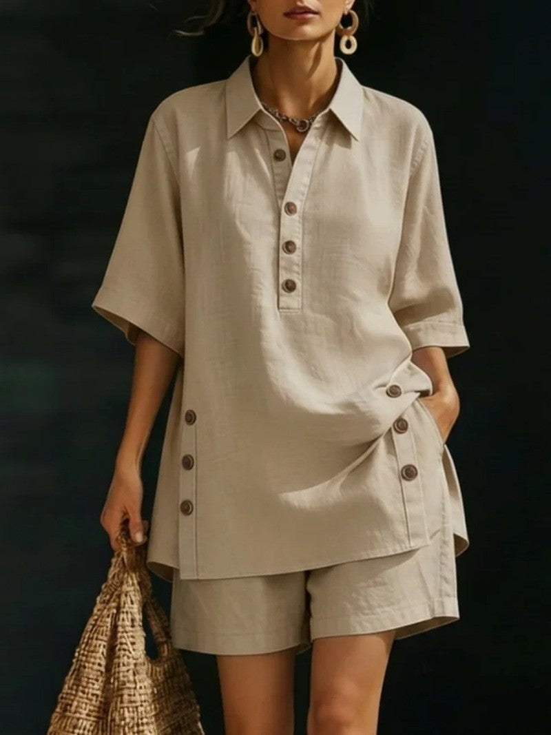Damen nan luftiges Leinenoptik-Zweiteiler mit Oversize-Hemdbluse, Knopfleiste und Bermuda-Shorts Echo Archiv