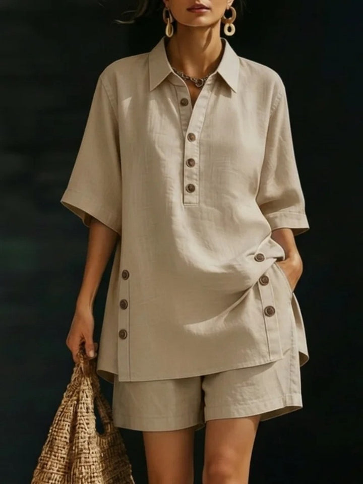 Damen nan luftiges Leinenoptik-Zweiteiler mit Oversize-Hemdbluse, Knopfleiste und Bermuda-Shorts Echo Archiv