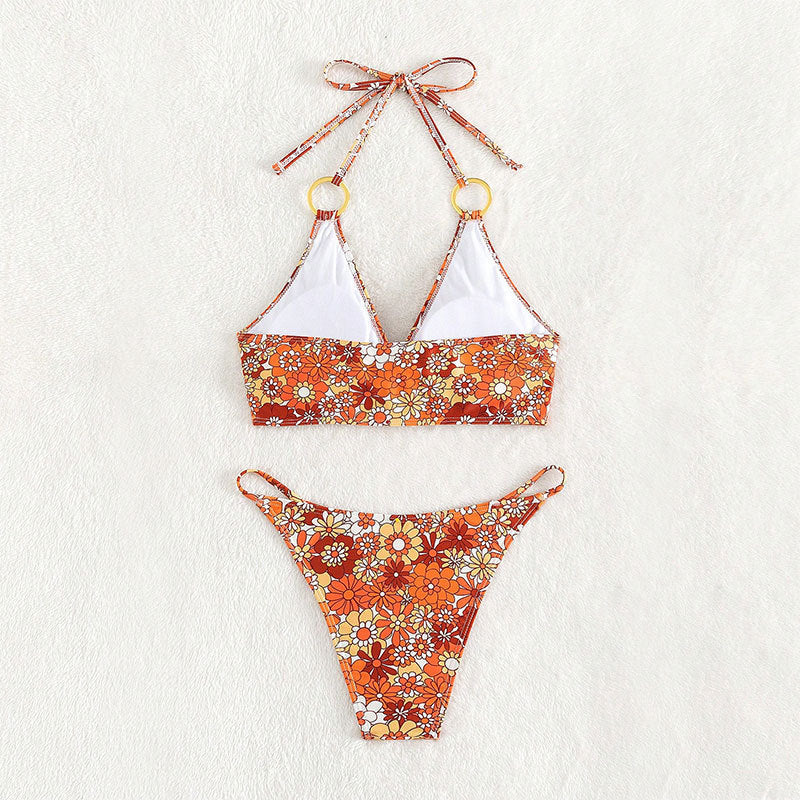 Damen Triangel-Bikini mit floralem Muster und goldenen Ringdetails Echo Archiv