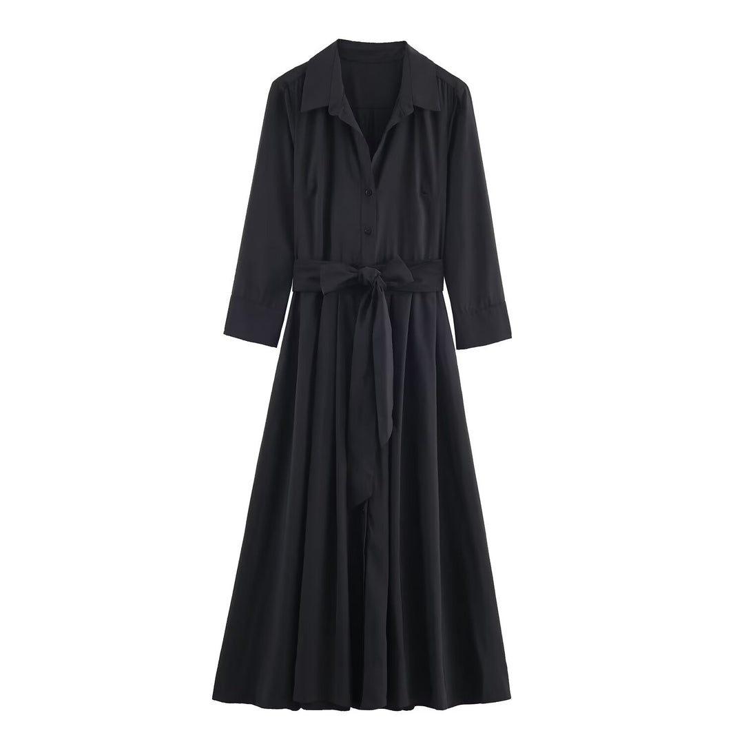 Damen Maxikleid im Hemdblusenstil mit Bindegürtel und schwingendem A‑Linienrock Echoarchiv