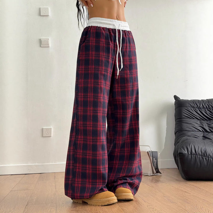 Damen weite karierte Lounge-Hose mit hohem Gummibund und Kordelzug Echo Archiv