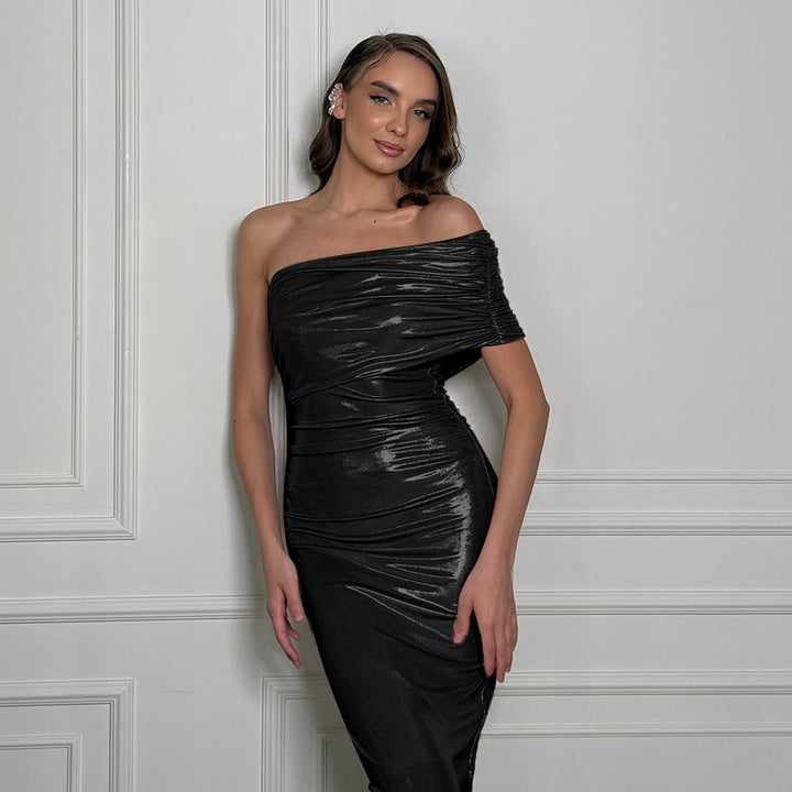 Damen schulterfreies elegantes Wickelkleid mit glänzenden Akzenten Echo Archiv