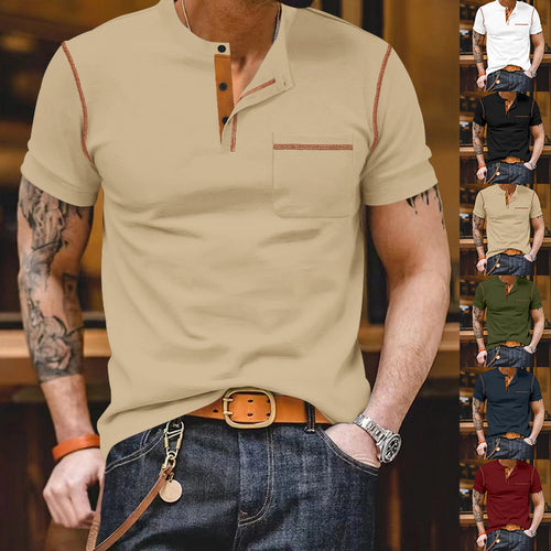 Herren modisches Kurzarm-Henley-Shirt mit kontrastierenden Akzenten und praktischer Brusttasche Echoarchiv