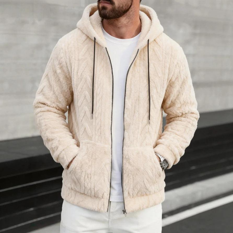 Herren kuschelige Kapuzenjacke aus Teddyfleece mit durchgehendem Reißverschluss und Kängurutaschen – Cavarno