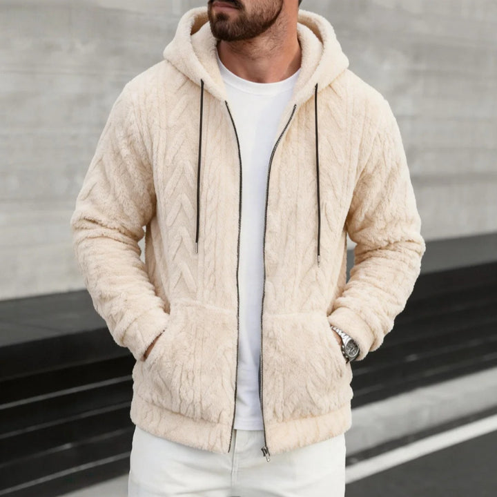 Herren kuschelige Kapuzenjacke aus Teddyfleece mit durchgehendem Reißverschluss und Kängurutaschen – Cavarno