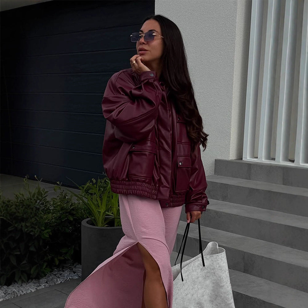 Damen Oversize Kunstlederjacke mit aufgesetzten Druckknopf-Taschen und elastischem Saum Echoarchiv