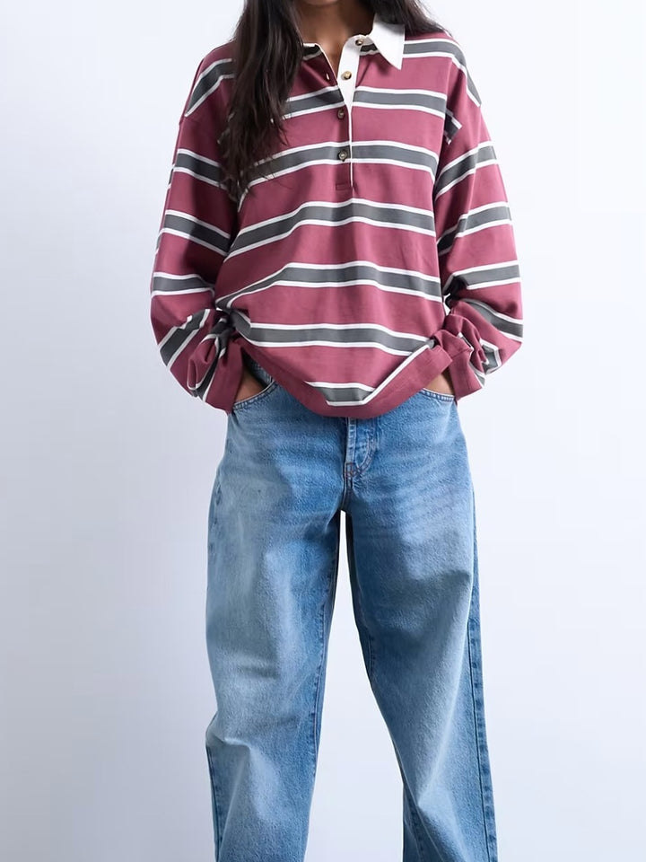 Damen Lässiger gestreifter Shirt mit Polokragen