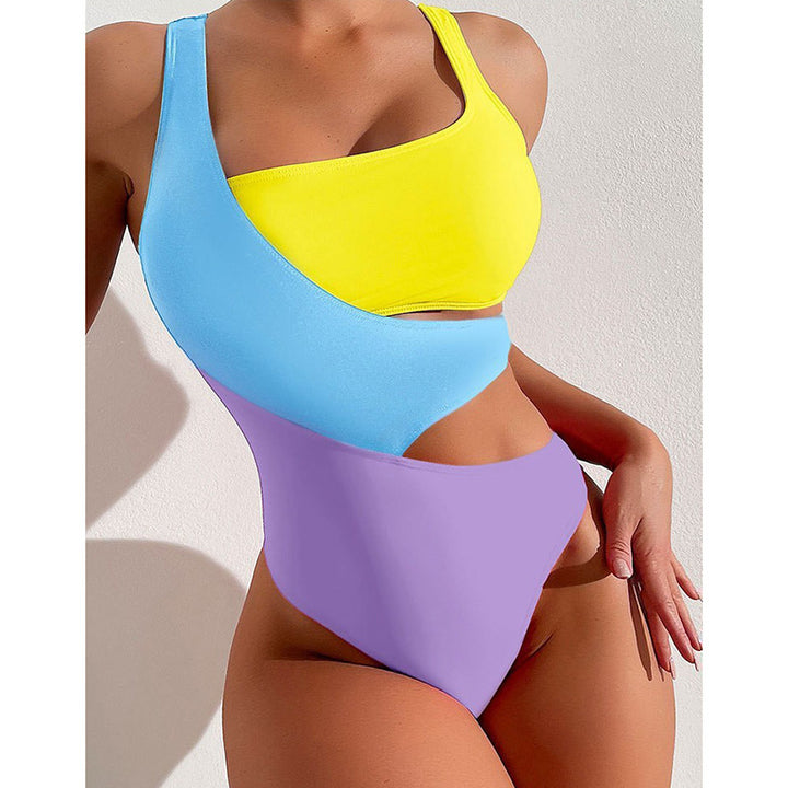 Damen Einteiler Badeanzug mit asymmetrischem Design und bunten Kontrastflächen Echo Archiv