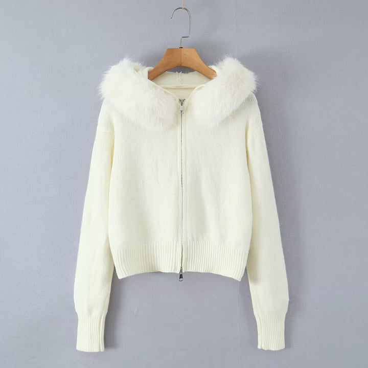 Damen Kurze Strickjacke mit Reißverschluss und abnehmbarem Kunstfellkragen Echo Archiv