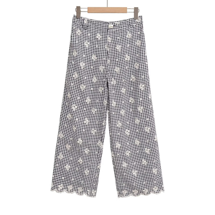 Damen weite Karottenhose mit floralem Gingham-Muster und eleganter Kantenverzierung Echo Archiv