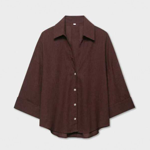 Damen Leichte Oversize Leinenoptik Bluse mit Dreiviertelärmeln und durchgehender Knopfleiste Echoarchiv
