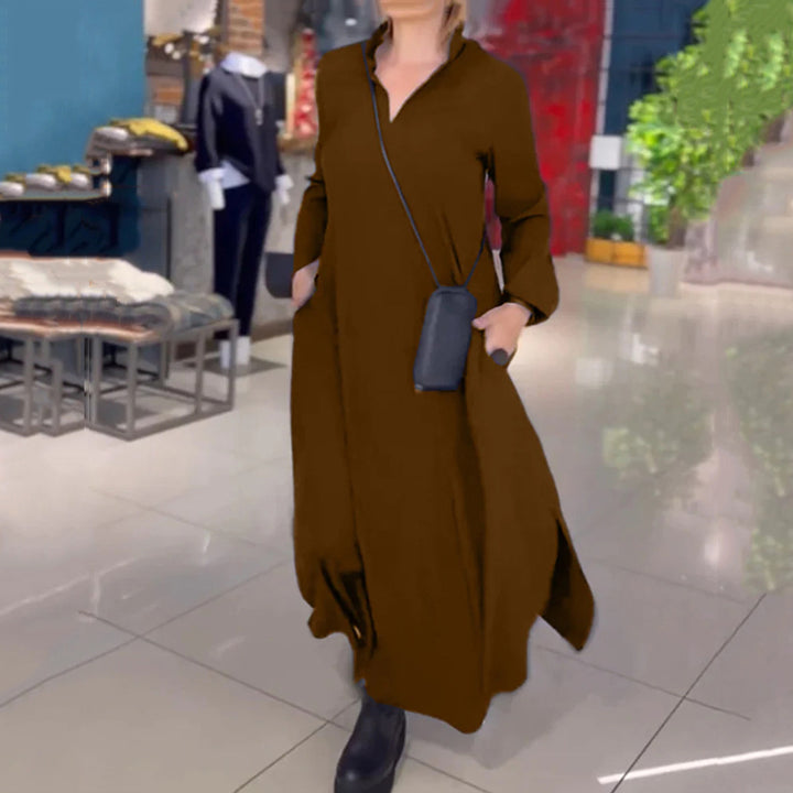 Damen nan fließendes Maxikleid mit V-Ausschnitt, kastiger A-Linie und langen Ärmeln Echo Archiv