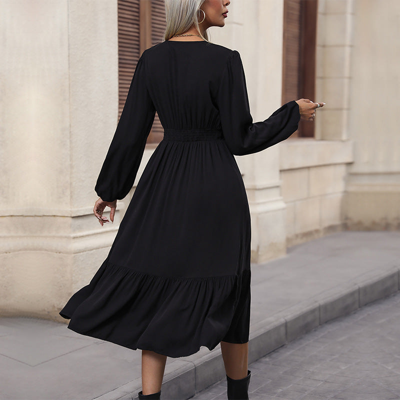 Damen V-Ausschnitt Midikleid mit hoher Taillennaht, langen Ballonärmeln und Volantstufe – Élara