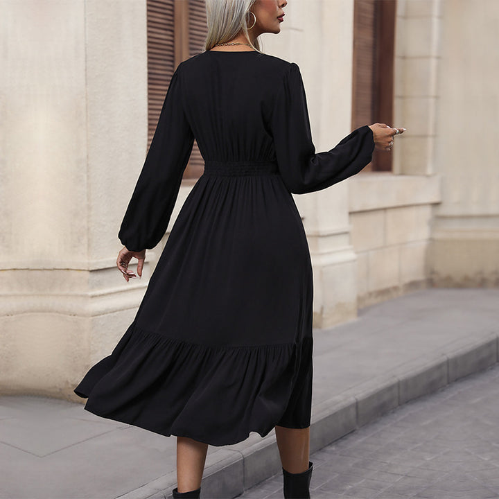 Damen V-Ausschnitt Midikleid mit hoher Taillennaht, langen Ballonärmeln und Volantstufe – Élara
