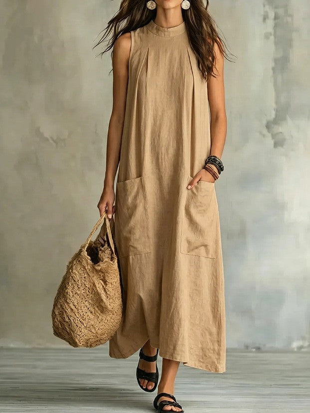Damen nan ärmelloses Leinen-Maxikleid mit Stehkragen, Brustfalten und aufgesetzten Taschen Echo Archiv