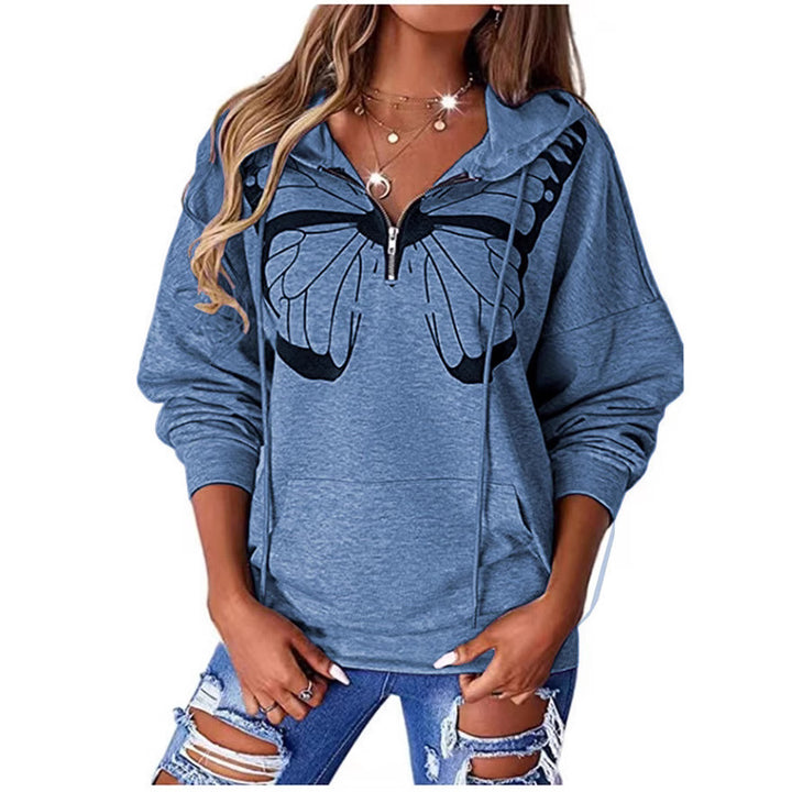 Damen Kapuzenpullover mit halbhohem Reißverschluss und Schmetterlingsprint – Auréline