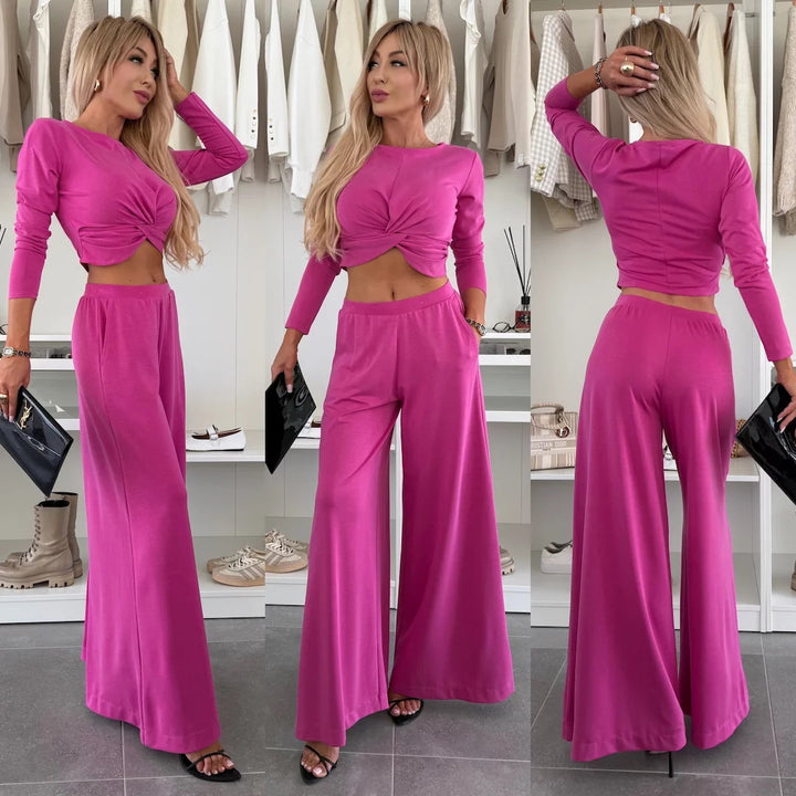 Damen figurnahes Twist-Cropped-Shirt mit weitem High-Waist Palazzo-Hose aus fließendem Jersey – Élanora