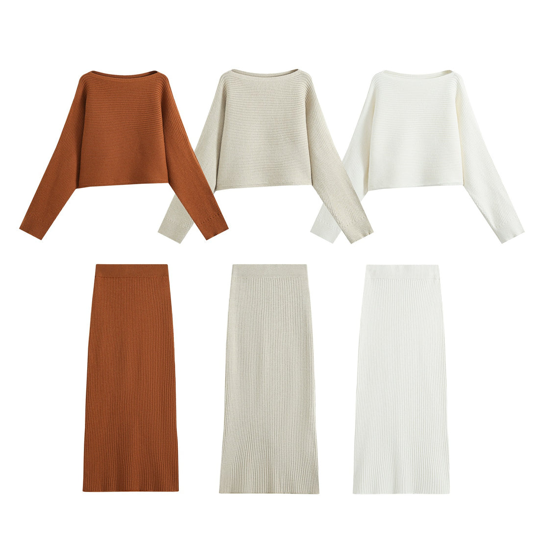 Damen Zweiteiliges Rippstrick-Set mit kurzem Pullover und Midirock Echoarchiv