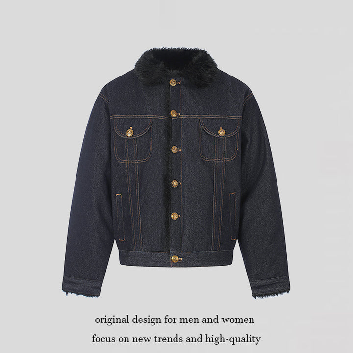 Damen gefütterte Jeansjacke mit Kunstfellkragen, Teddy‑Innenfutter und Goldknopf-Details Echoarchiv