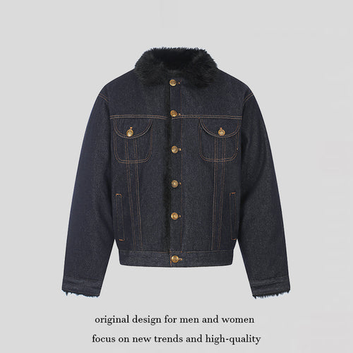 Damen gefütterte Jeansjacke mit Kunstfellkragen, Teddy‑Innenfutter und Goldknopf-Details Echoarchiv