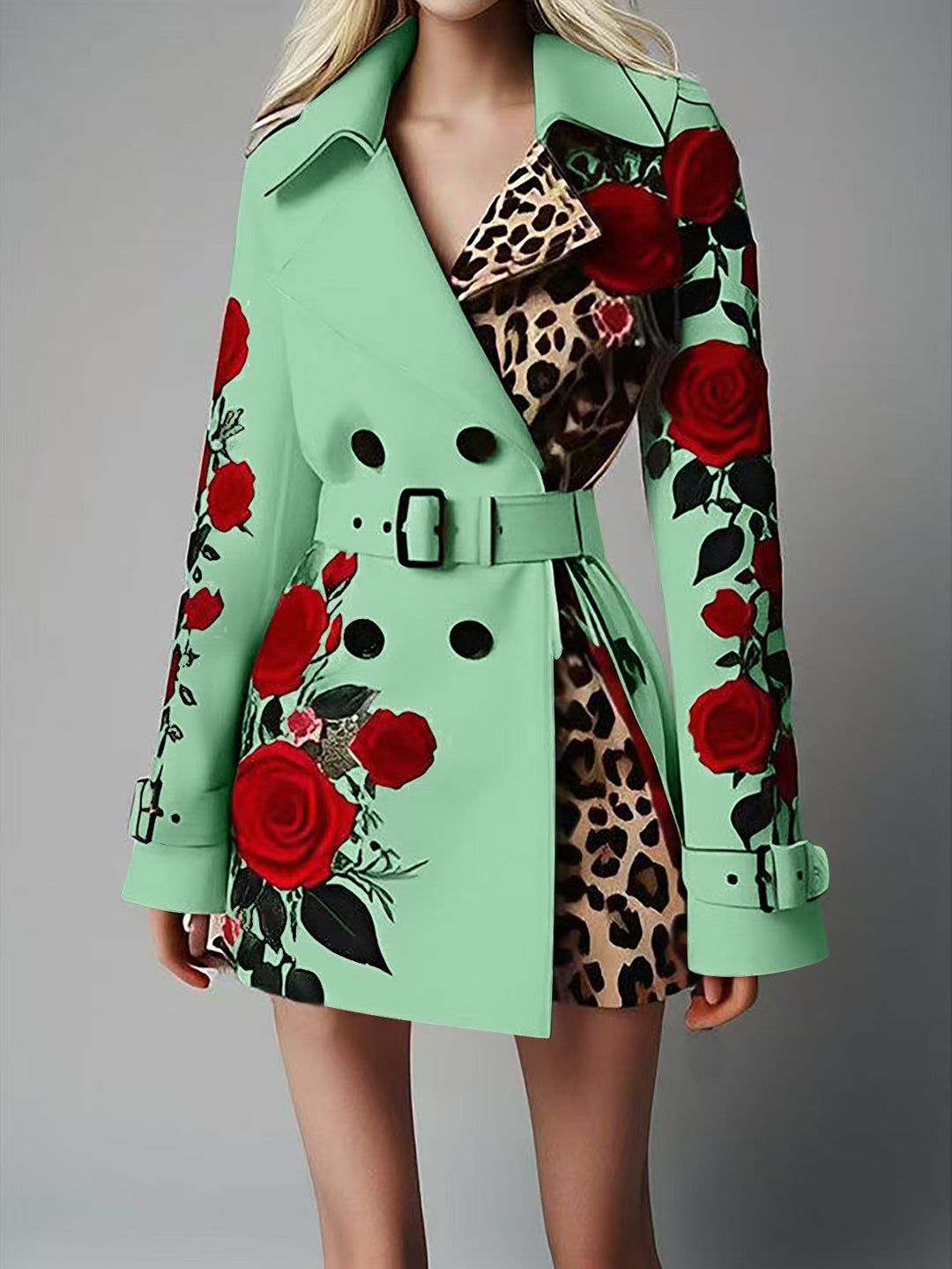 Damen Taillierter Trenchcoat mit Rosenprint und Leoparden-Innenfutter – Montévia