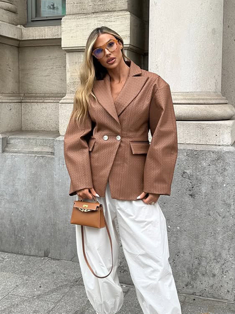 Damen Boxy-Blazer mit taillierter Drapierung und strukturierter Lederimitat-Optik Echoarchiv