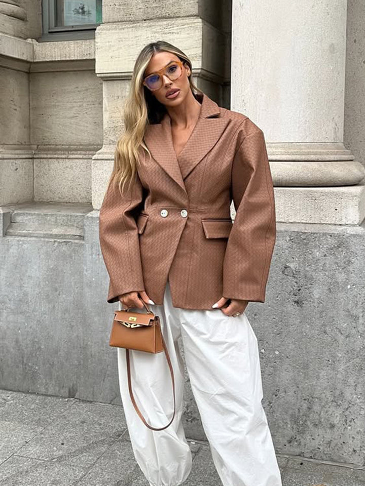Damen Boxy-Blazer mit taillierter Drapierung und strukturierter Lederimitat-Optik Echoarchiv