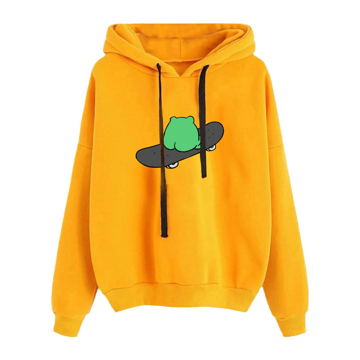Damen kurz geschnittener Cropped-Kapuzenpullover mit niedlicher Frosch-Illustration und verstellbarer Kapuze – Auréline
