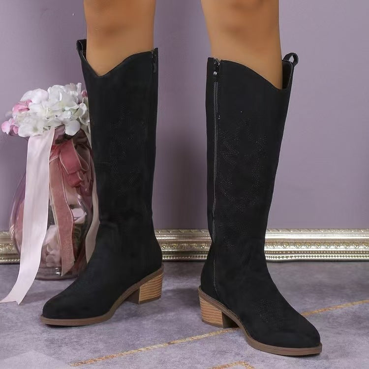 Damen nan Kniestiefel im Westernstil mit mittelhohem Blockabsatz seitlichem Reißverschluss und gesticktem Wildlederfinish Echo Archiv