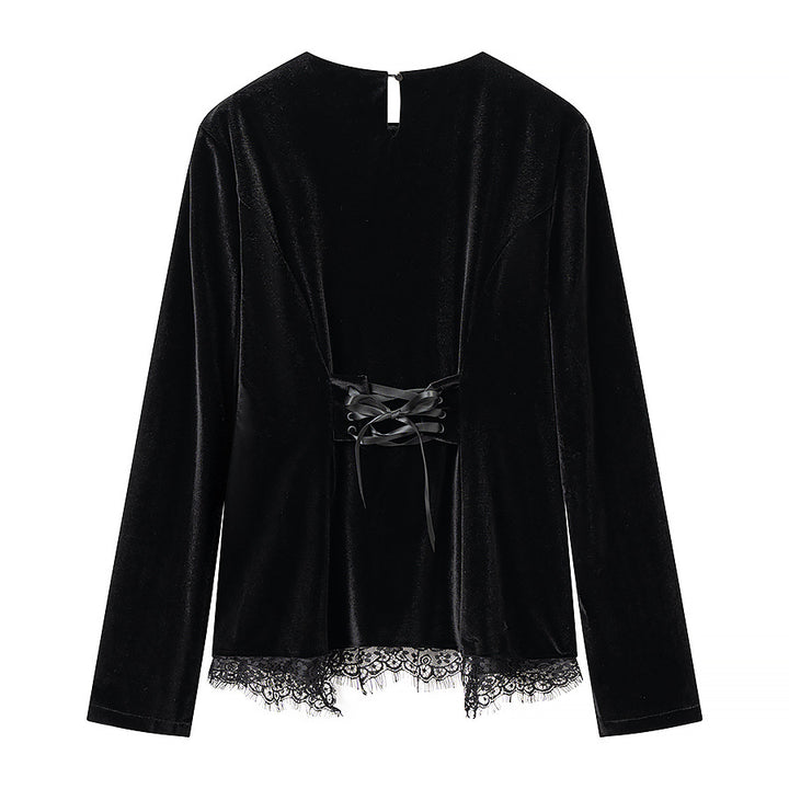 Damen Elegantes Samtoberteil mit Spitzenbesatz und geschwungenem Saum Echoarchiv