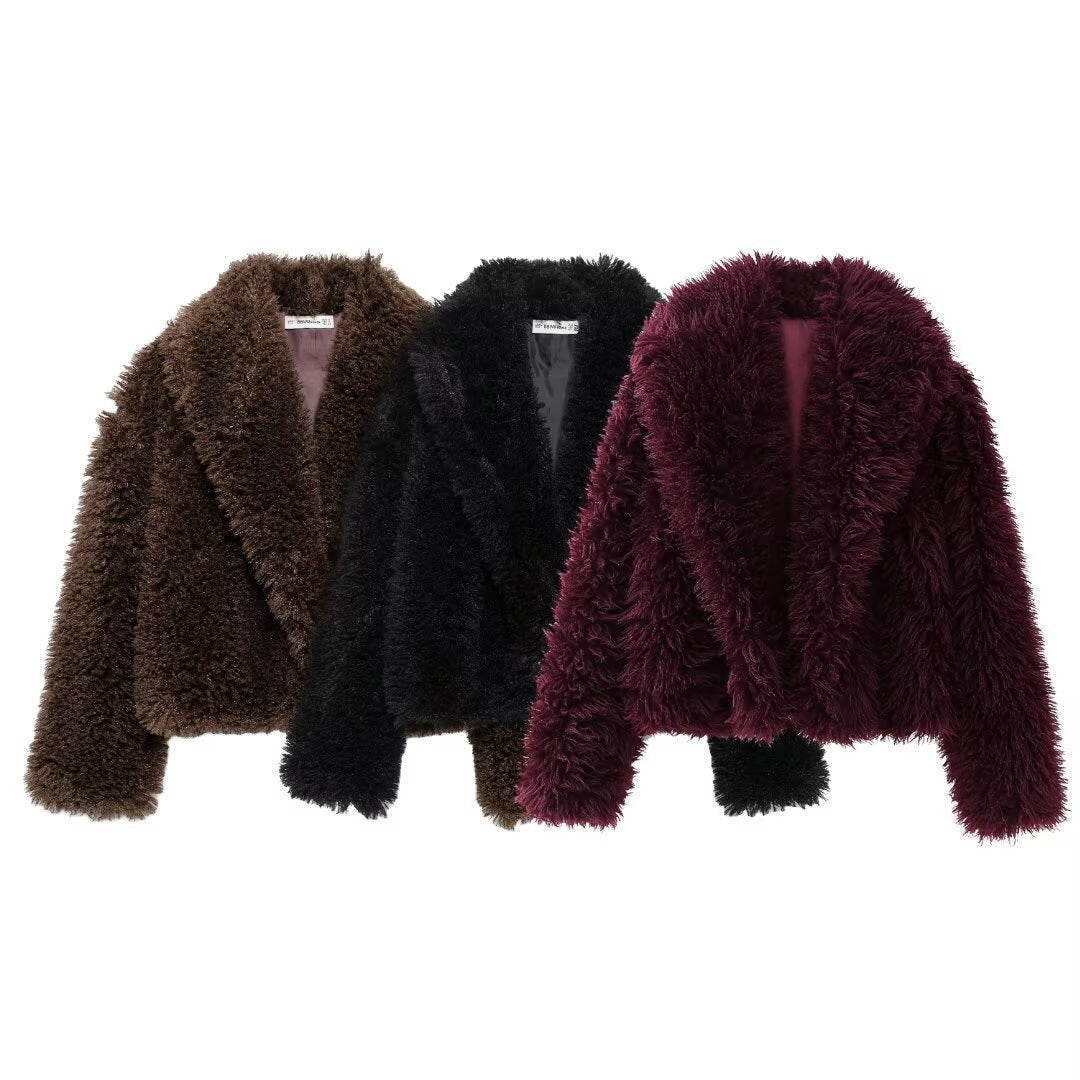 Damen nan kurze kuschelige Kunstfell-Cropped-Jacke mit großzügigem Schalkragen und offener Front Echo Archiv