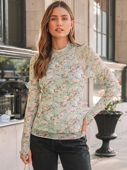Damen Transparentes Mesh-Longsleeve mit Blumenprint und Stehkragen – Avérine