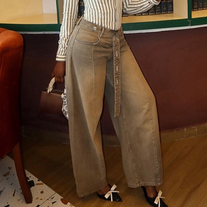 Damen Hochtaillierte weite Denim-Hose mit breitem Bindegürtel Echo Archiv