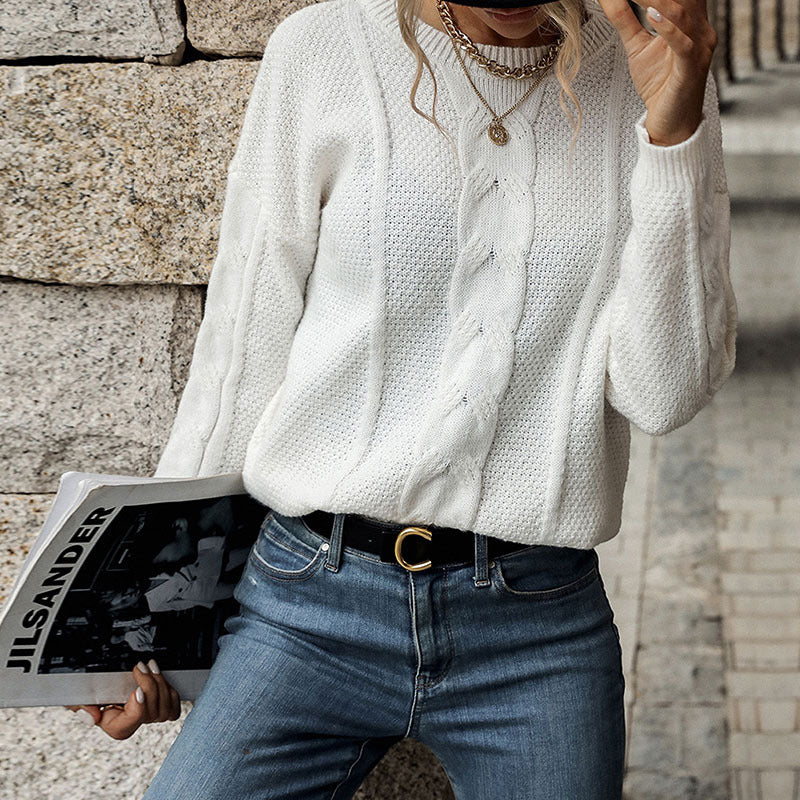 Damen Feiner Rundhals-Pullover mit Zopfmotiv und geripptem Saum Echoarchiv