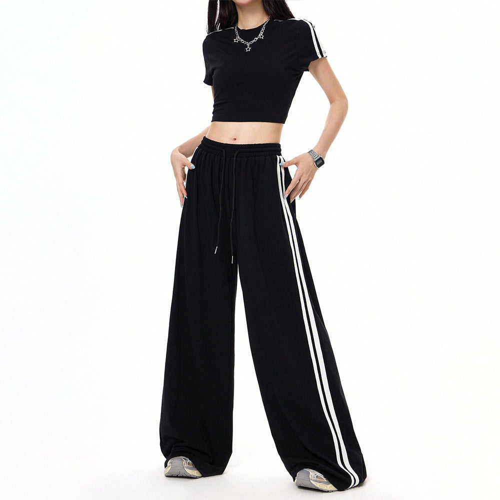 Damen lässige Highwaist weite Sweathose mit elastischem Bund, Tunnelzug und seitlichen Kontraststreifen – Avérine