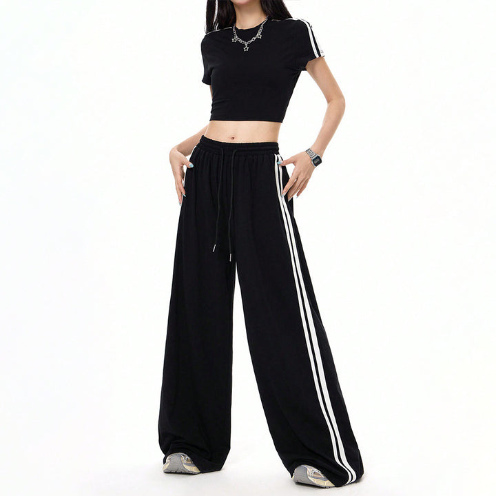 Damen lässige Highwaist weite Sweathose mit elastischem Bund, Tunnelzug und seitlichen Kontraststreifen – Avérine