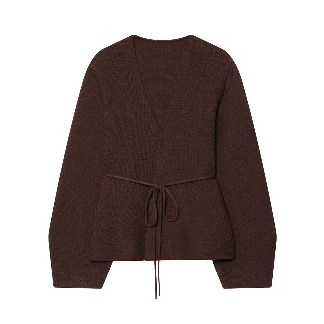 Damen taillierte Strickjacke mit tiefem V-Ausschnitt, Bindegürtel und kastigen Ärmeln – Veloura