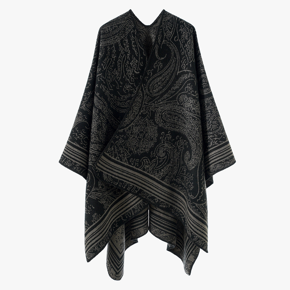 Damen Jacquard-Poncho im Ruana-Schnitt mit Paisley-Muster und breiter Bordüre – Avérine