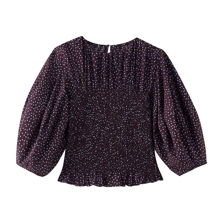 Damen gerafftes Polka‑Dot Oberteil mit elastischem Smock‑Korpus, Ballonärmeln und Volantsaum Echo Archiv