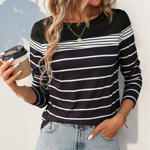 Damen Gestreiftes Langarmshirt mit Rundhalsausschnitt und kontrastiertem Yoke Echoarchiv
