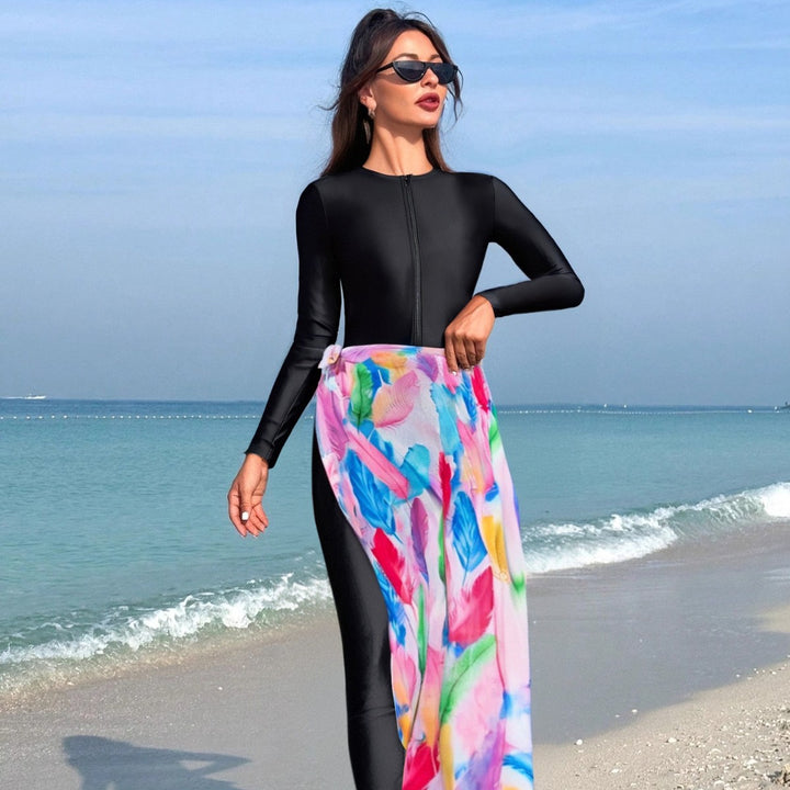 Damen modischer Schwimmanzug mit langem Arm und elegantem Wickelrock Echo Archiv
