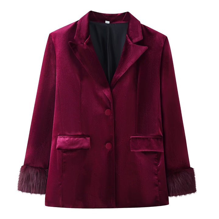 Damen Taillierter Samt-Blazer mit Kunstfellmanschetten und Pattentaschen Echo Archiv