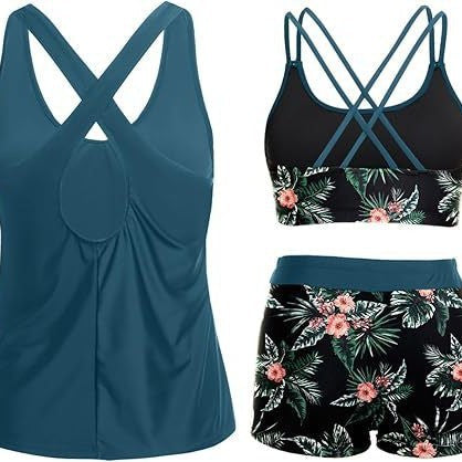 Damen Sportliches Tankini-Set mit floralem Oberteil und Shorts Echoarchiv