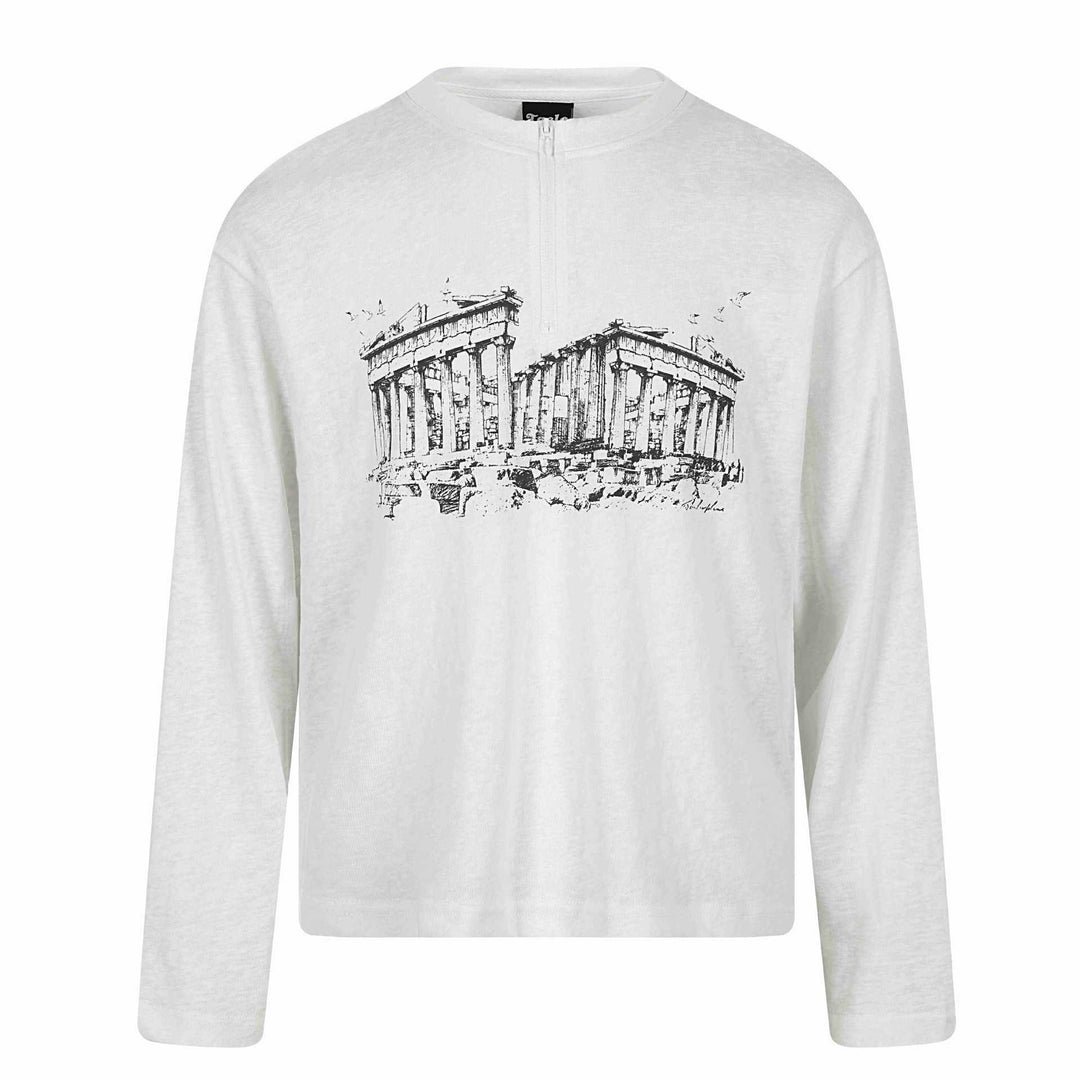 Unisex Langarm-Halbzipshirt mit Stehkragen und Parthenon-Print Echoarchiv