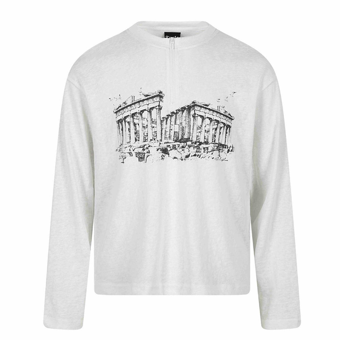 Unisex Langarm-Halbzipshirt mit Stehkragen und Parthenon-Print Echoarchiv