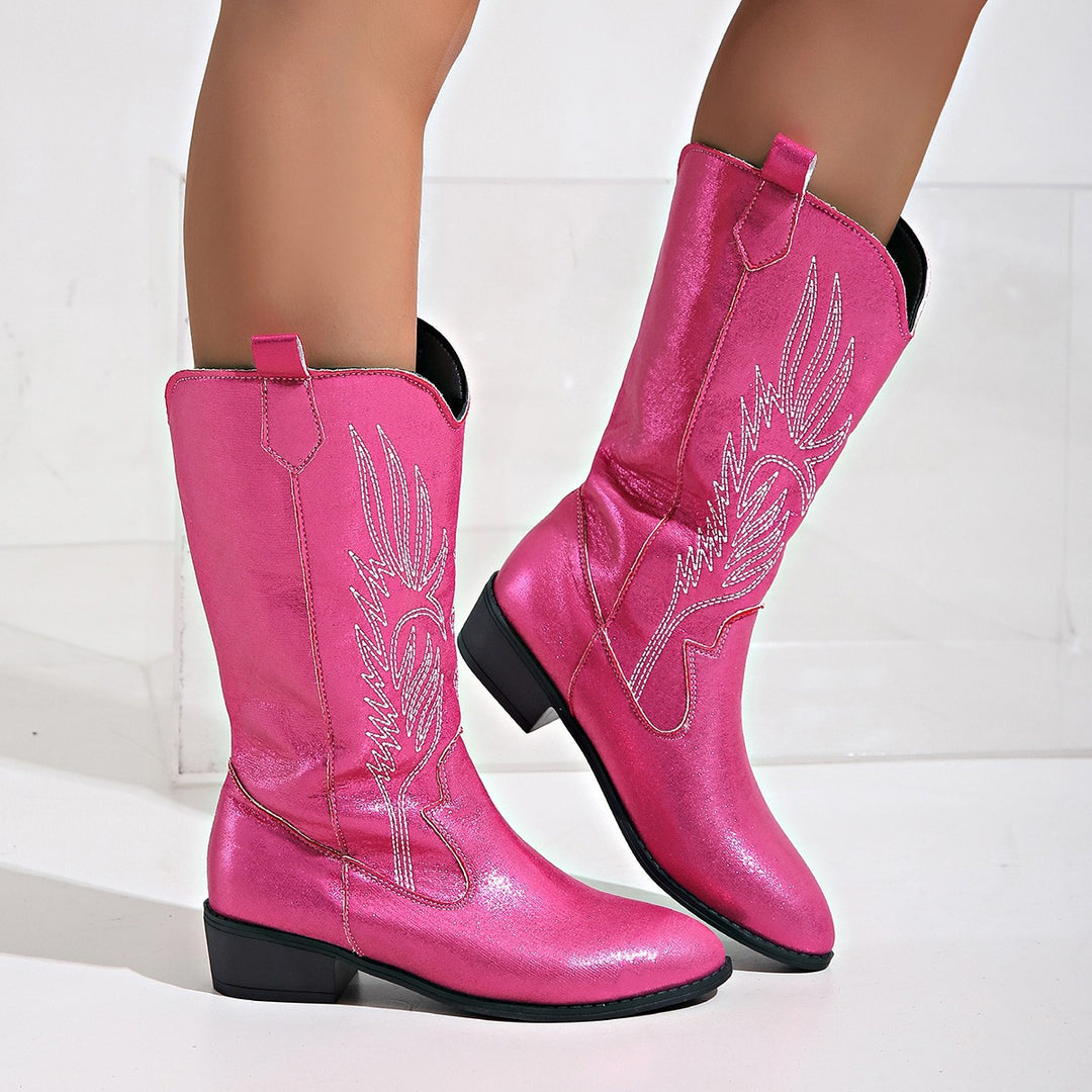 Damen Cowgirl-Kniehoher Stiefel mit dekorativer Stickerei, Pull‑Tabs und komfortablem Blockabsatz Echo Archiv