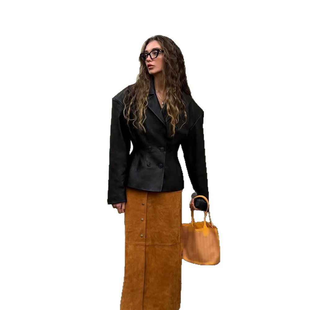 Damen Modischer Blazer-Bomber aus veganem Lederimitat mit doppeltreihiger Front Echoarchiv