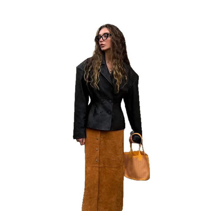 Damen Modischer Blazer-Bomber aus veganem Lederimitat mit doppeltreihiger Front Echoarchiv