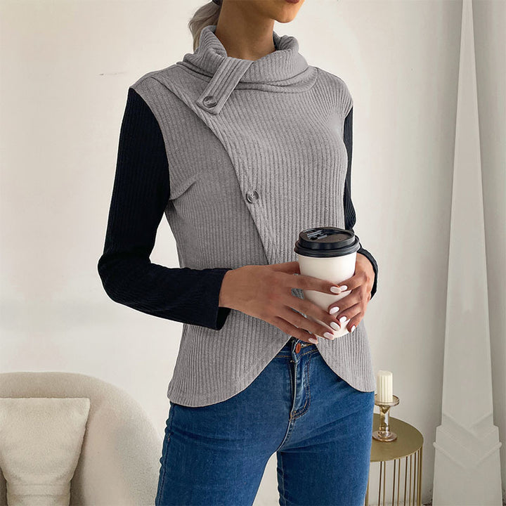 Damen Asymmetrisches Rippenstrick-Layering-Top mit Rollkragen und Zierknopfleiste Echoarchiv